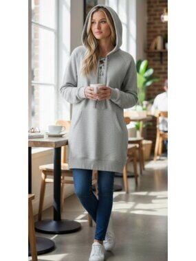 AVON Gray Hooded Tie Front Tunic Pullover Top Ladies L 12 – 14